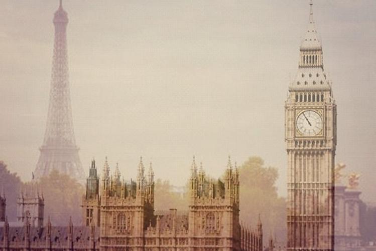 Skyline of Paris on one side and London on the other side of the frame